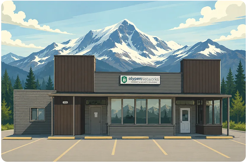Illustration of the OlyPen Networks office beneath Olympic Peninsula mountains